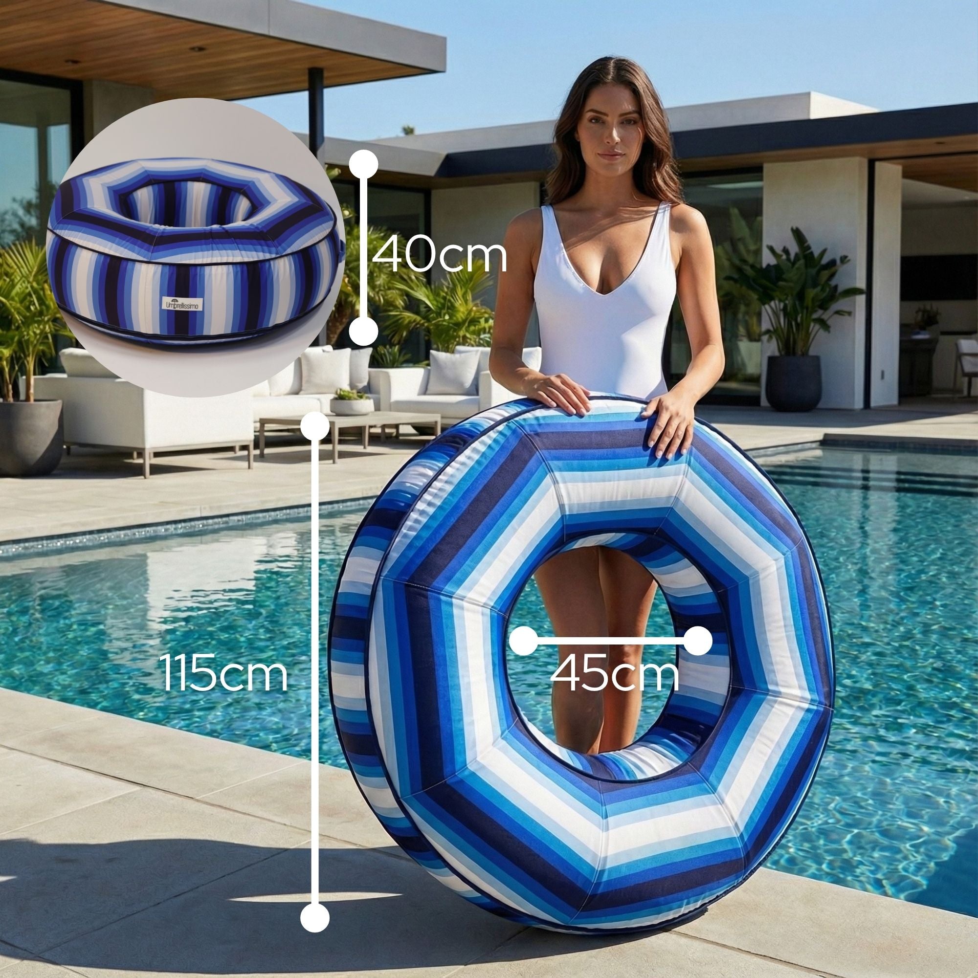 A woman stands by a swimming pool holding a large inflatable ring float with blue, navy, white, and light blue striped bands. White measurement lines and labels on the image show the float's dimensions: 115cm height, 45cm width, and 40cm depth.