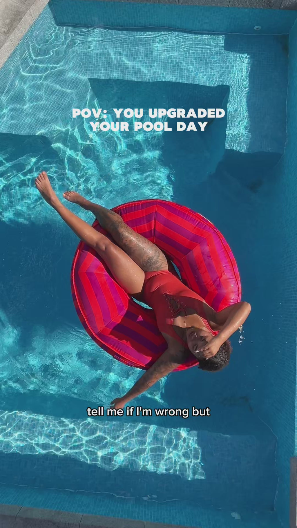 Pool float in use with captions